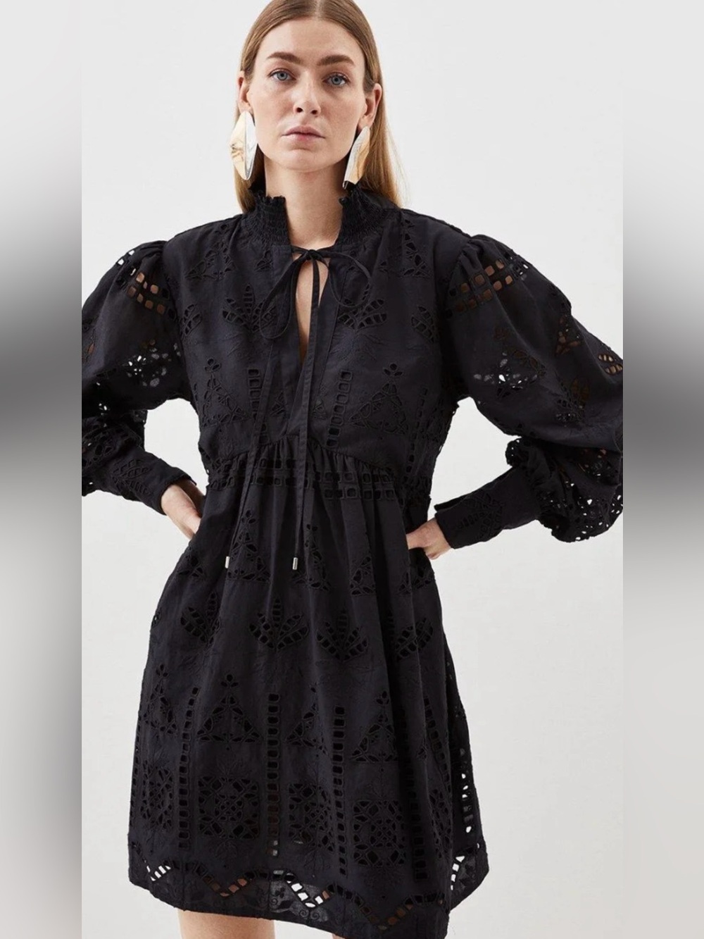 Karen Millen Cotton Broderie Woven Eyelet Mini Dress Tie-Neck - NWT